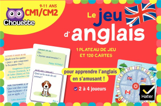 Le jeu d'anglais CM1-CM2. Avec 1 plateau de jeu, 120 cartes, 4 pions et 1 dé