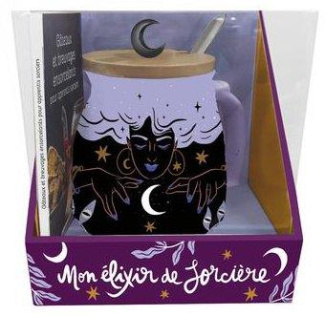 Coffret Mon élixir de sorcière. Avec 1 mug en céramique, 1 couvercle en bambou, 1 petite cuillère en