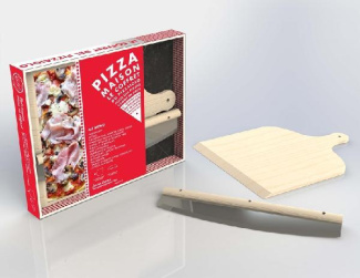 Le coffret del pizzaiolo. Avec une véritable pelle du pizzaiolo et un coupe-pizza de précision