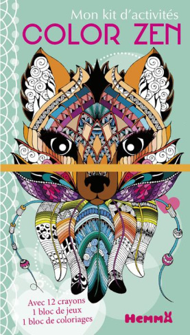 Mon kit d'activités Color Zen renard. 12 crayons de couleur, 1 bloc de jeux, 1 bloc de coloriages