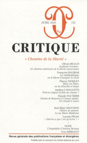 Critique N° 755, Avril 2010 : Chemins de la liberté