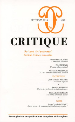 Critique N° 833, octobre 2016 : Retours de l'universel. Balibar, Milner, Salanskis
