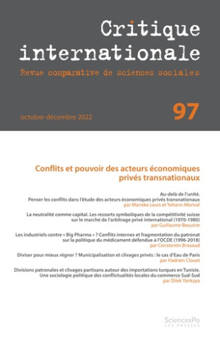 Critique internationale N° 97, octobre-décembre 2022 : Conflits et pouvoir des acteurs économiques p