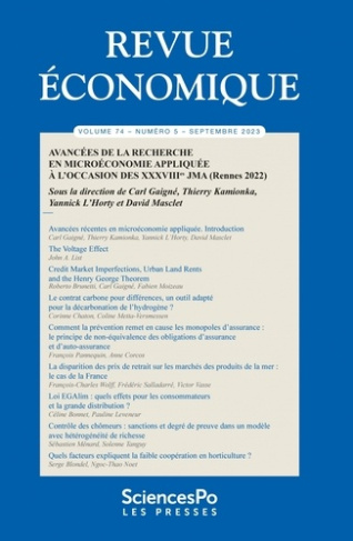 Revue économique Volume 74 N° 5, septembre 2023 : Avancées de la recherche en microéconomie appliqué