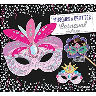 Masques à gratter carnaval scintillant. Avec 5 masques à gratter, 5 coloriages, 1 stylet en bois, 5