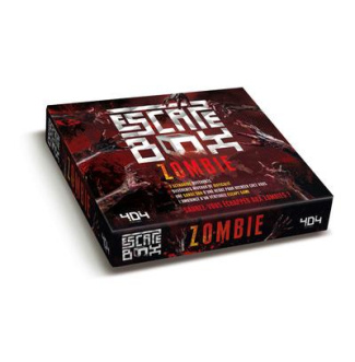 Escape box zombie. Contient : 3 livrets, 131 cartes, 1 bande-son d'une heure, 1 poster, 6 badges
