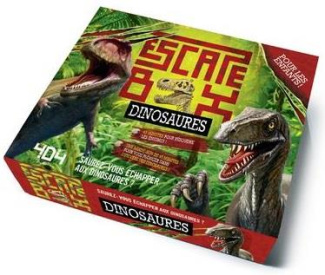 Escape box Dinosaures. Contient : 1 livret, 40 cartes, 1 bande-son de 45 minutes, 1 poster