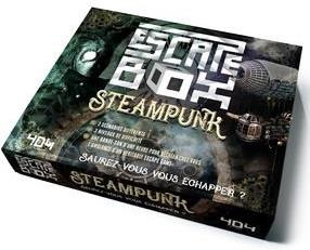 Escape box steampunk. Avec 3 livrets, 131 cartes, 1 bande-son de 60 minutes, 1 poster, 6 badges