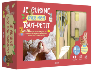 Je cuisine avec mon tout-petit. Avec 3 verres mesureurs, 1 couteau à étaler en bois, 1 fouet, 1 coup