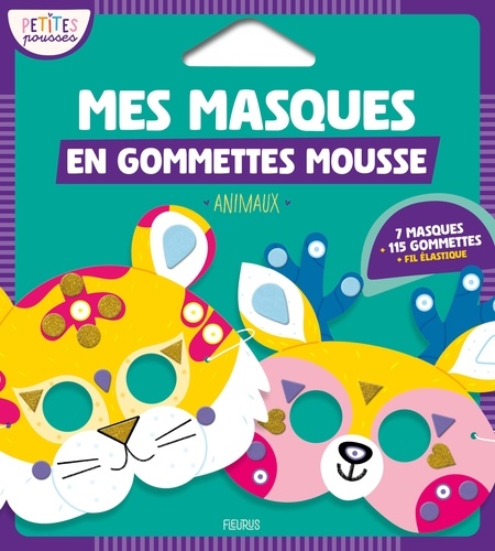 Mes masques en gommettes mousse Animaux. Coffret avec 7 masques, 115 gommettes et du fil élastique