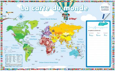 La carte du monde. Avec une zone effaçable pour s'entraîner