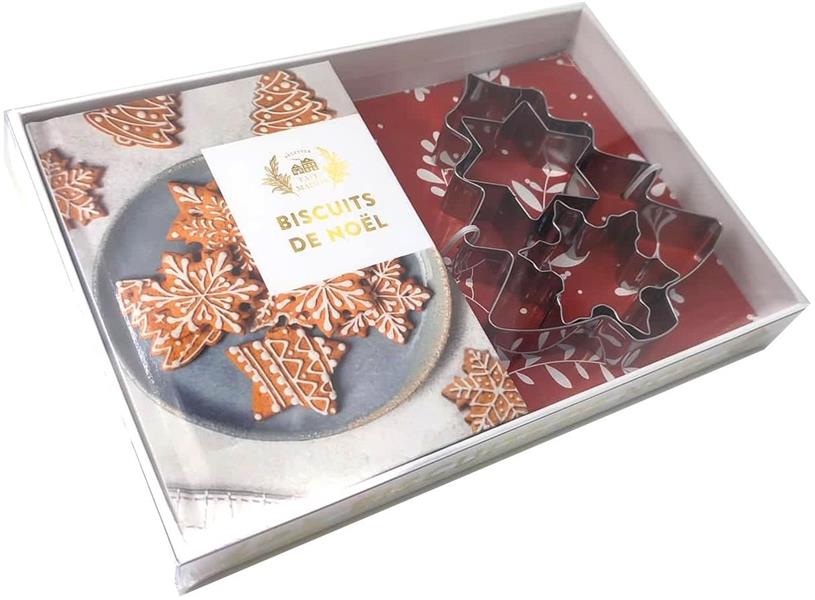 Coffret Biscuits de Noël. Le livre de recettes avec 3 emporte-pièces sapin, flocon et étoile en inox