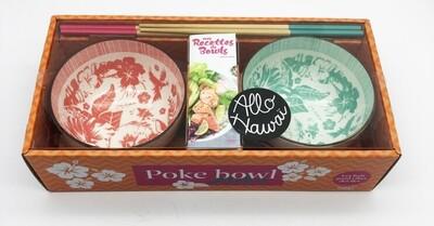 Poke bowls Aloha. Ce coffret contient : 2 bols décorés, 2 paires de baguettes, 1 livre de recettes d
